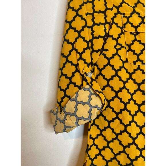 Notations Womens Button Up Shirt Golden Black PM Long Roll Tab Sleeve Pockets - Picture 5 of 7